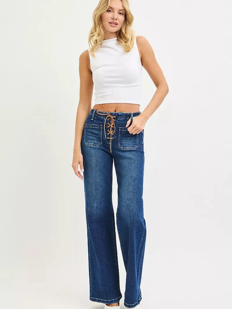 Risen Knot Your Average High Rise Wide Leg Front Tie Jeans-Women's Jeans-Shop Z & Joxa