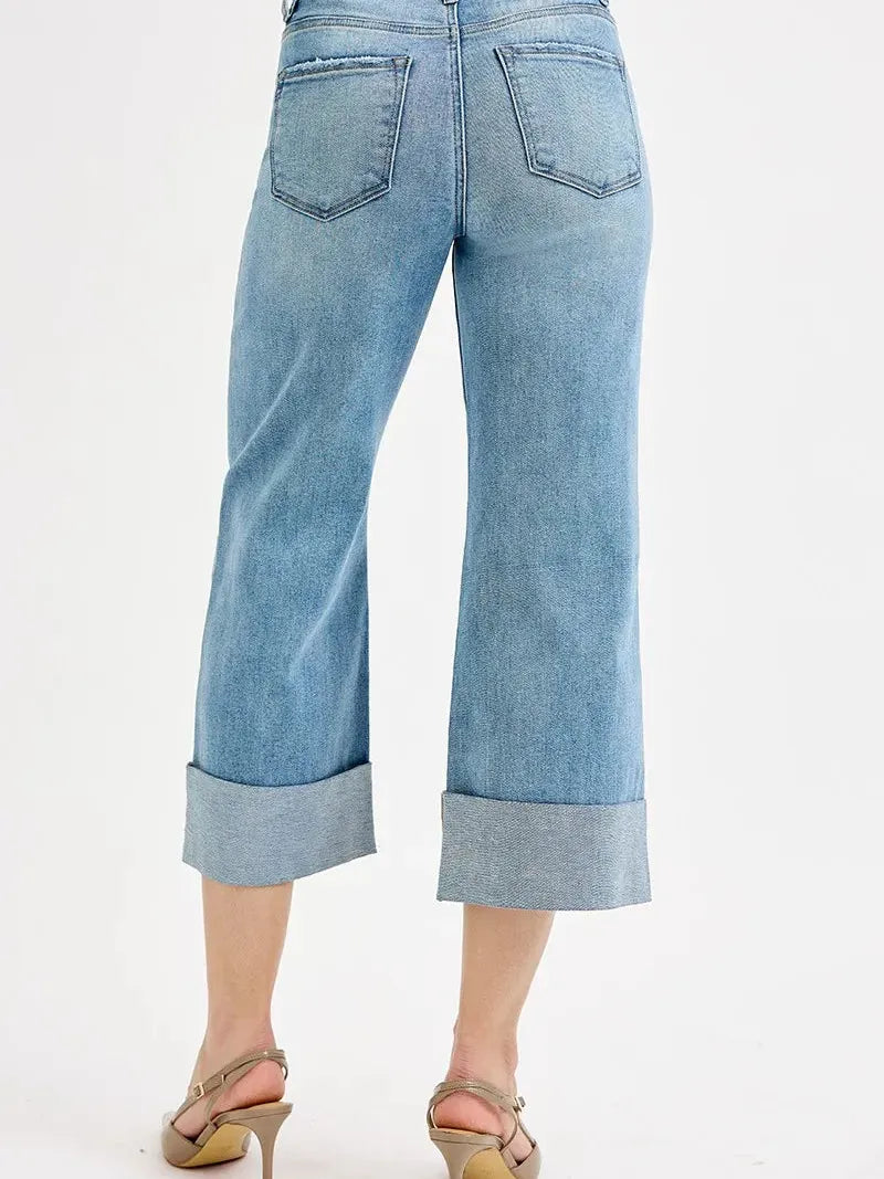 Risen Light Wash Luxe High-Rise Wide Leg Cuff Jeans-Women's Jeans-Shop Z & Joxa