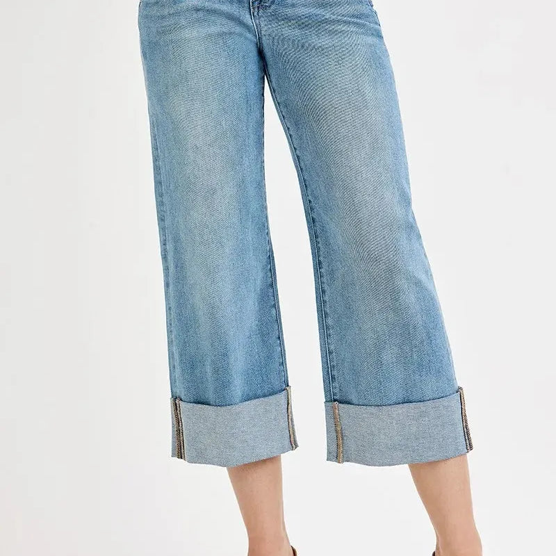 Risen Light Wash Luxe High-Rise Wide Leg Cuff Jeans-Women's Jeans-Shop Z & Joxa