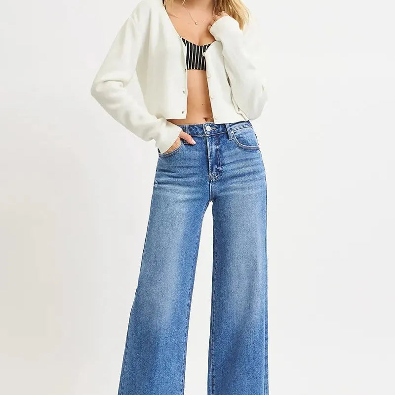 Risen LuxeEase High Rise Wide Leg Jeans in Medium Stone-Women's Jeans-Shop Z & Joxa