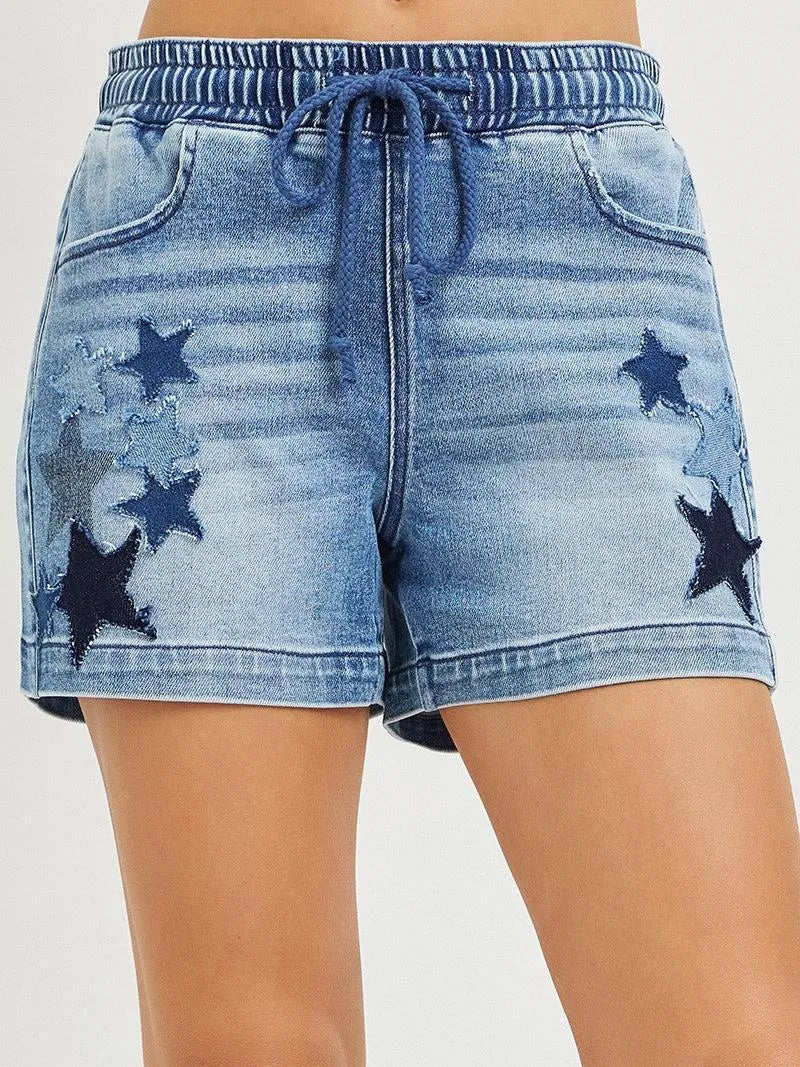 Risen Midday Stars Elastic Slouchy Denim Shorts with Stars-Women's Shorts-Shop Z & Joxa