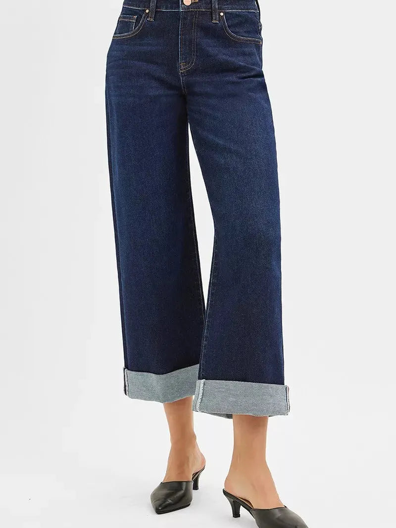 Risen Midnight Flip Mid Rise Fit Ankle Wide Roll Up Jeans-Women's Jeans-Shop Z & Joxa