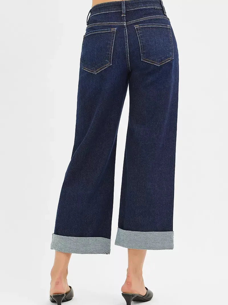 Risen Midnight Flip Mid Rise Fit Ankle Wide Roll Up Jeans-Women's Jeans-Shop Z & Joxa