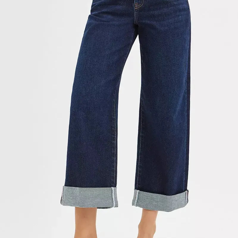 Risen Midnight Flip Mid Rise Fit Ankle Wide Roll Up Jeans-Women's Jeans-Shop Z & Joxa