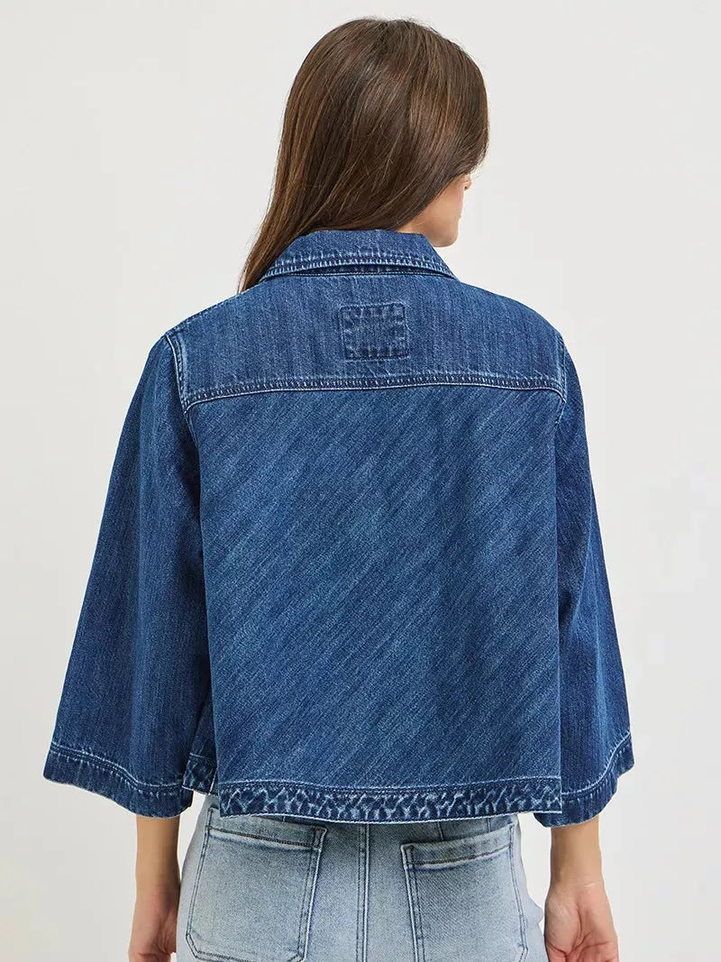 Risen Midnight Muse Double-Breasted Flowy Cropped Denim Jacket-Coats & Jackets-Shop Z & Joxa