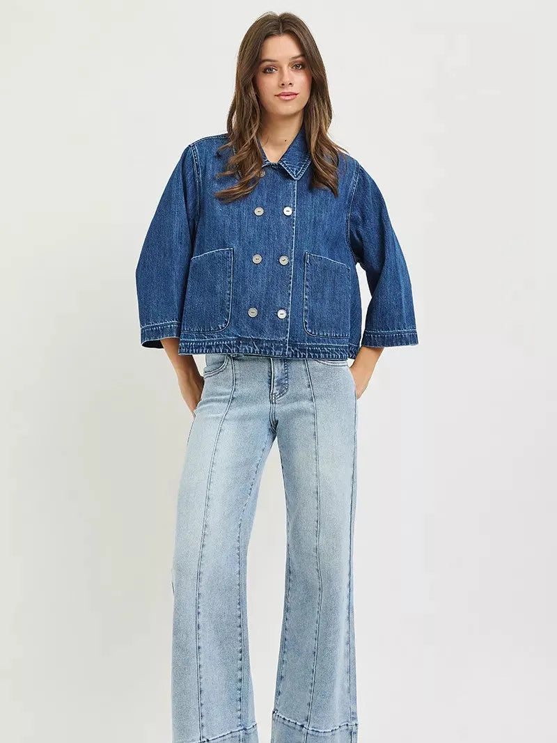 Risen Midnight Muse Double-Breasted Flowy Cropped Denim Jacket-Coats & Jackets-Shop Z & Joxa
