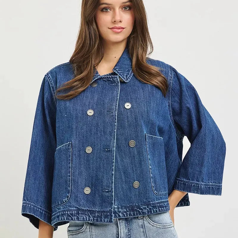 Risen Midnight Muse Double-Breasted Flowy Cropped Denim Jacket-Coats & Jackets-Shop Z & Joxa