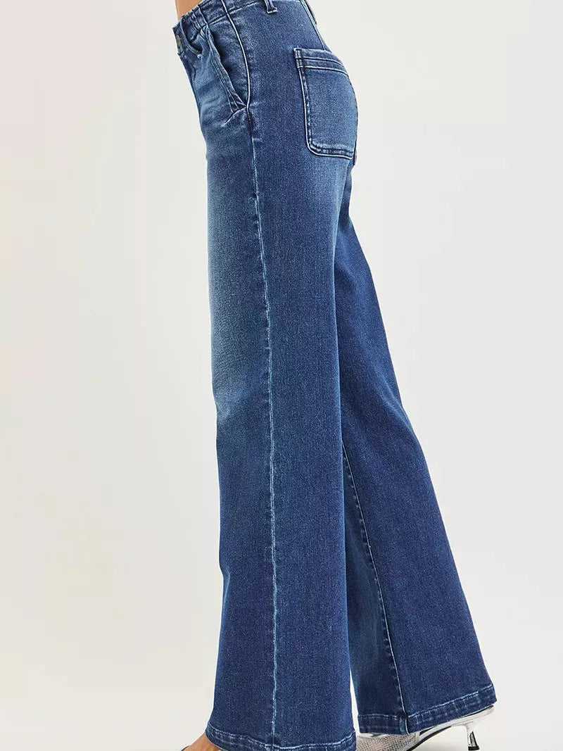 Risen Modern Slant High Rise Wide Leg Slanted Pocket Jeans-Women's Jeans-Shop Z & Joxa