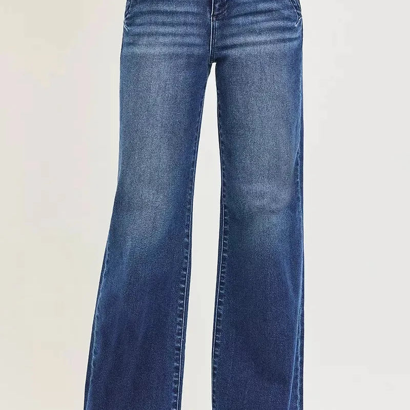 Risen Modern Slant High Rise Wide Leg Slanted Pocket Jeans-Women's Jeans-Shop Z & Joxa