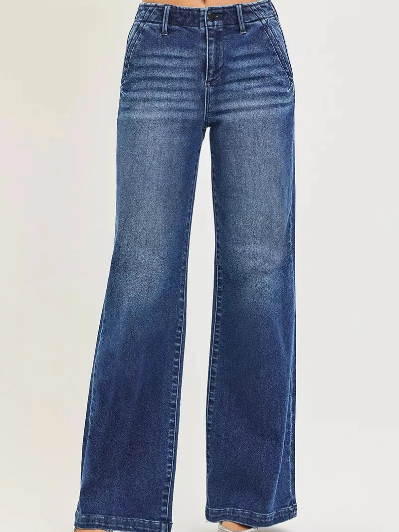 Risen Modern Slant High Rise Wide Leg Slanted Pocket Jeans-Women's Jeans-Shop Z & Joxa