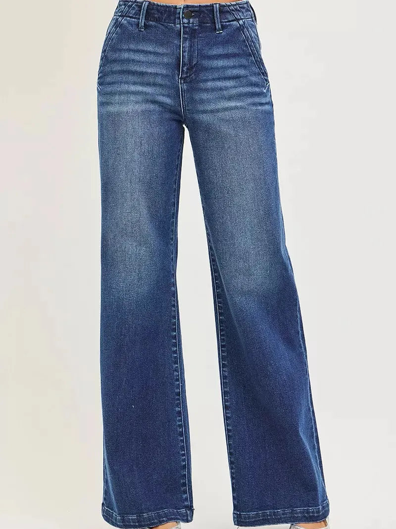 Risen Modern Slant High Rise Wide Leg Slanted Pocket Jeans-Women's Jeans-Shop Z & Joxa