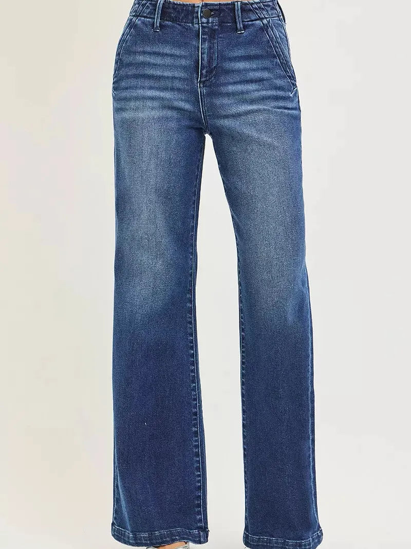 Risen Modern Slant High Rise Wide Leg Slanted Pocket Jeans-Women's Jeans-Shop Z & Joxa
