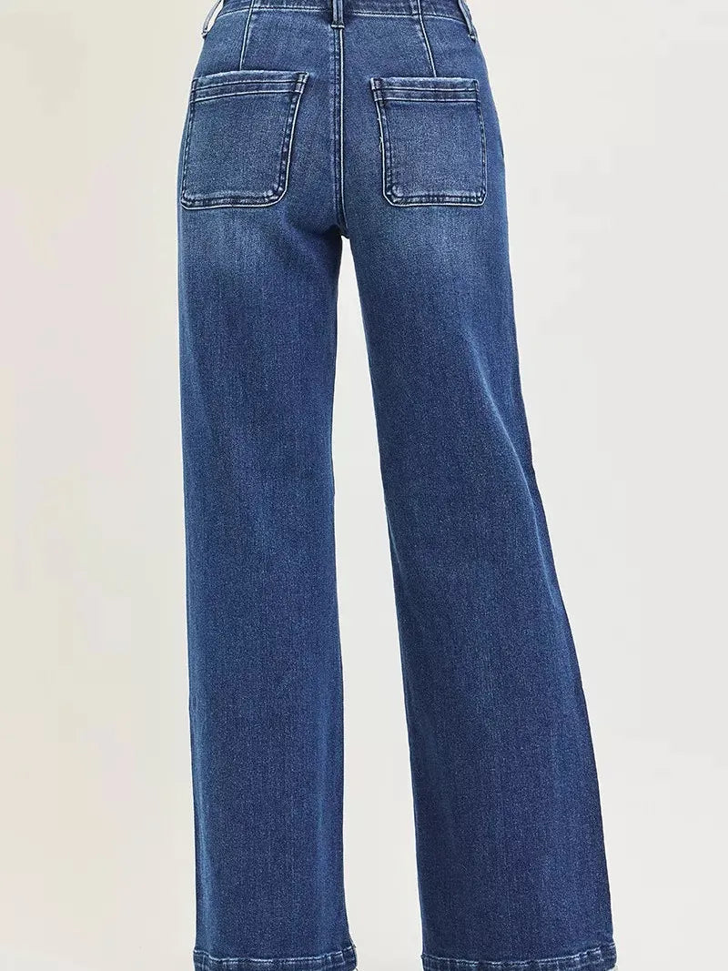 Risen Modern Slant High Rise Wide Leg Slanted Pocket Jeans-Women's Jeans-Shop Z & Joxa
