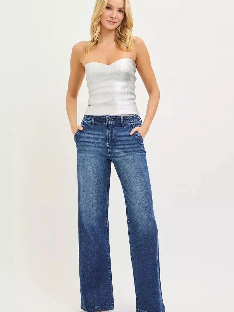 Risen Modern Slant High Rise Wide Leg Slanted Pocket Jeans-Women's Jeans-Shop Z & Joxa