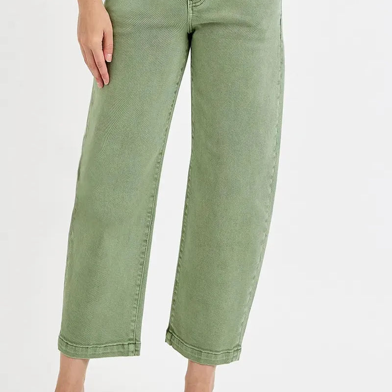 Risen Olive Edge Tummy Control High-Rise Barrel Jeans-Women's Jeans-Shop Z & Joxa