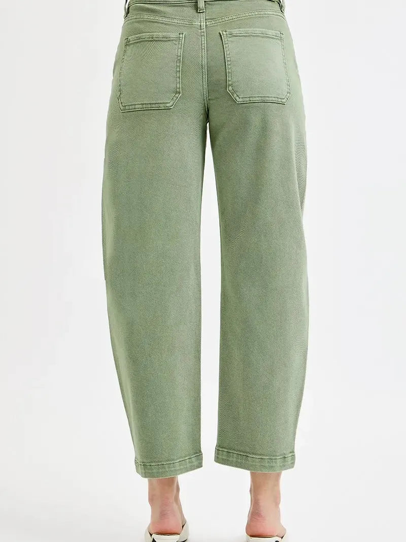Risen Olive Edge Tummy Control High-Rise Barrel Jeans-Women's Jeans-Shop Z & Joxa
