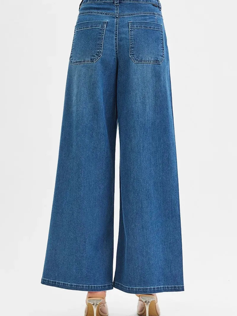 Risen PleatWave High Waist Wide Leg Jeans in Medium Wash-Women's Jeans-Shop Z & Joxa
