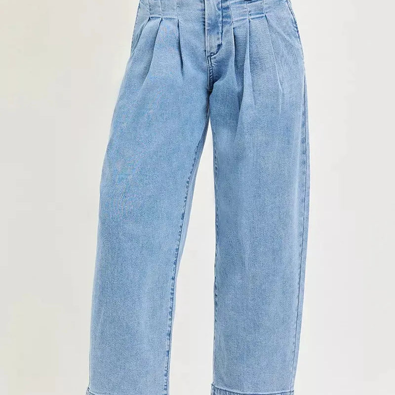 Risen Pleats Please Slouchy Crop Barrel Pleated Jeans-Women's Jeans-Shop Z & Joxa