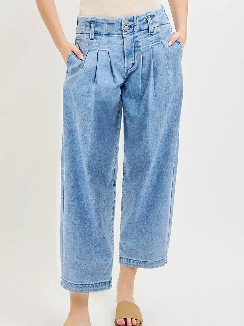 Risen Pleats Please Slouchy Crop Barrel Pleated Jeans-Women's Jeans-Shop Z & Joxa
