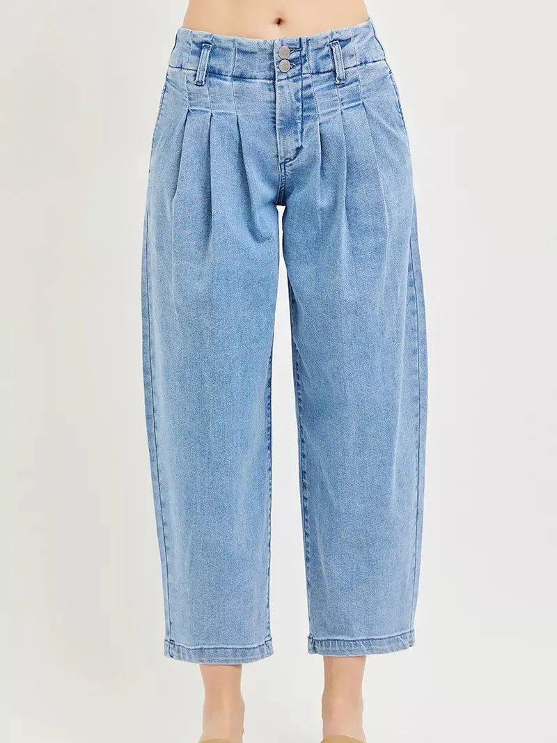 Risen Pleats Please Slouchy Crop Barrel Pleated Jeans-Women's Jeans-Shop Z & Joxa
