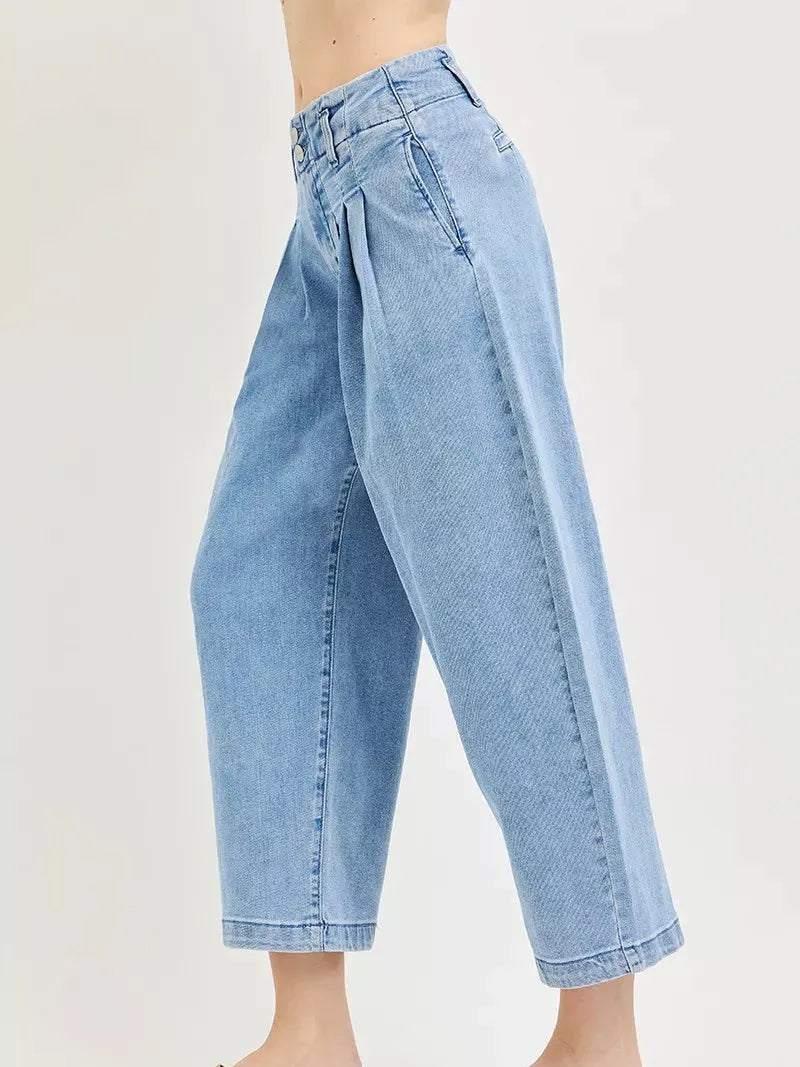Risen Pleats Please Slouchy Crop Barrel Pleated Jeans-Women's Jeans-Shop Z & Joxa