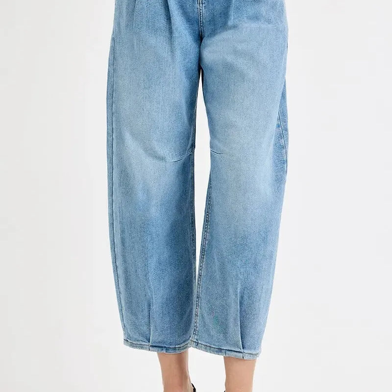 Risen Pleats to Meet You Cropped Mid-rise Wide Volume Leg Jeans-Women's Jeans-Shop Z & Joxa
