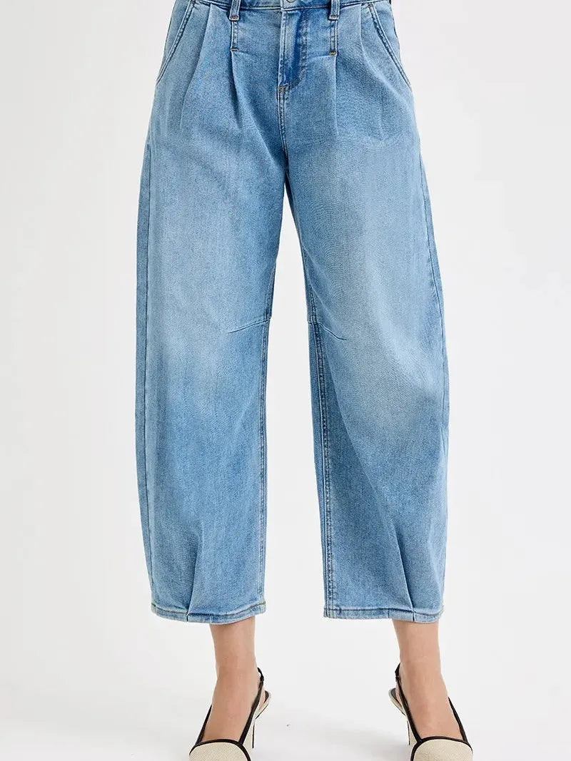Risen Pleats to Meet You Cropped Mid-rise Wide Volume Leg Jeans-Women's Jeans-Shop Z & Joxa