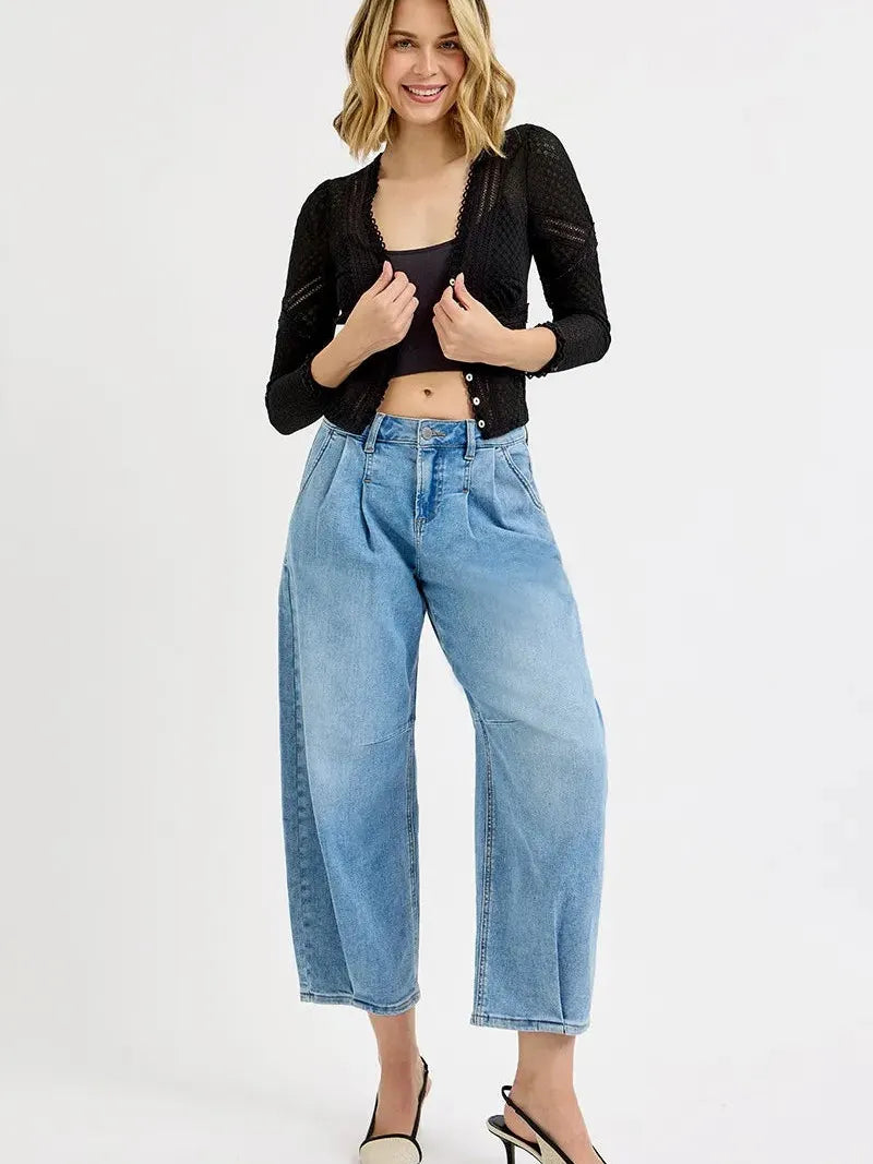 Risen Pleats to Meet You Cropped Mid-rise Wide Volume Leg Jeans-Women's Jeans-Shop Z & Joxa