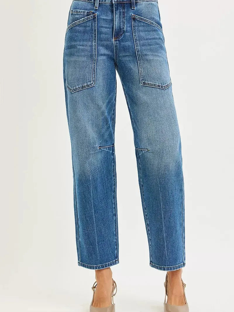 Risen Pocket Mischief Mid Rise Patch Pocket Barrel Jeans-Women's Jeans-Shop Z & Joxa