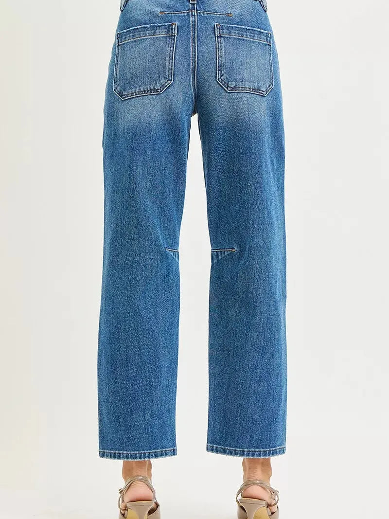 Risen Pocket Mischief Mid Rise Patch Pocket Barrel Jeans-Women's Jeans-Shop Z & Joxa