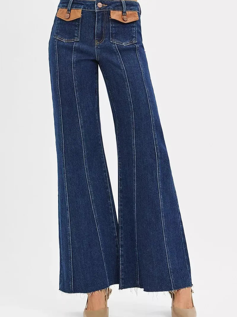Risen Pocket Prestige High Rise Flare Leather Pocket Jeans-Women's Jeans-Shop Z & Joxa