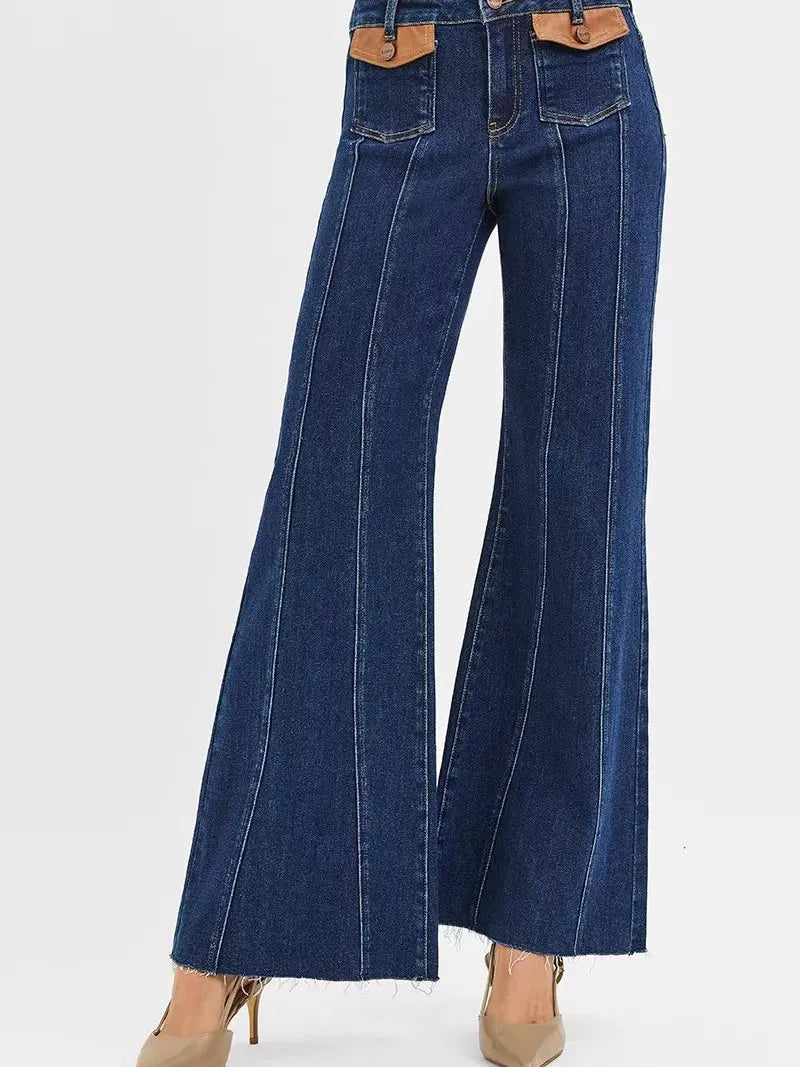 Risen Pocket Prestige High Rise Flare Leather Pocket Jeans-Women's Jeans-Shop Z & Joxa