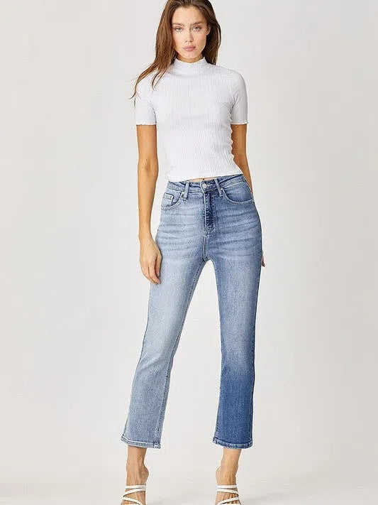 Risen | Remain a Classic Two-Tone High Rise Straight Leg Jeans-Women's Jeans-Shop Z & Joxa