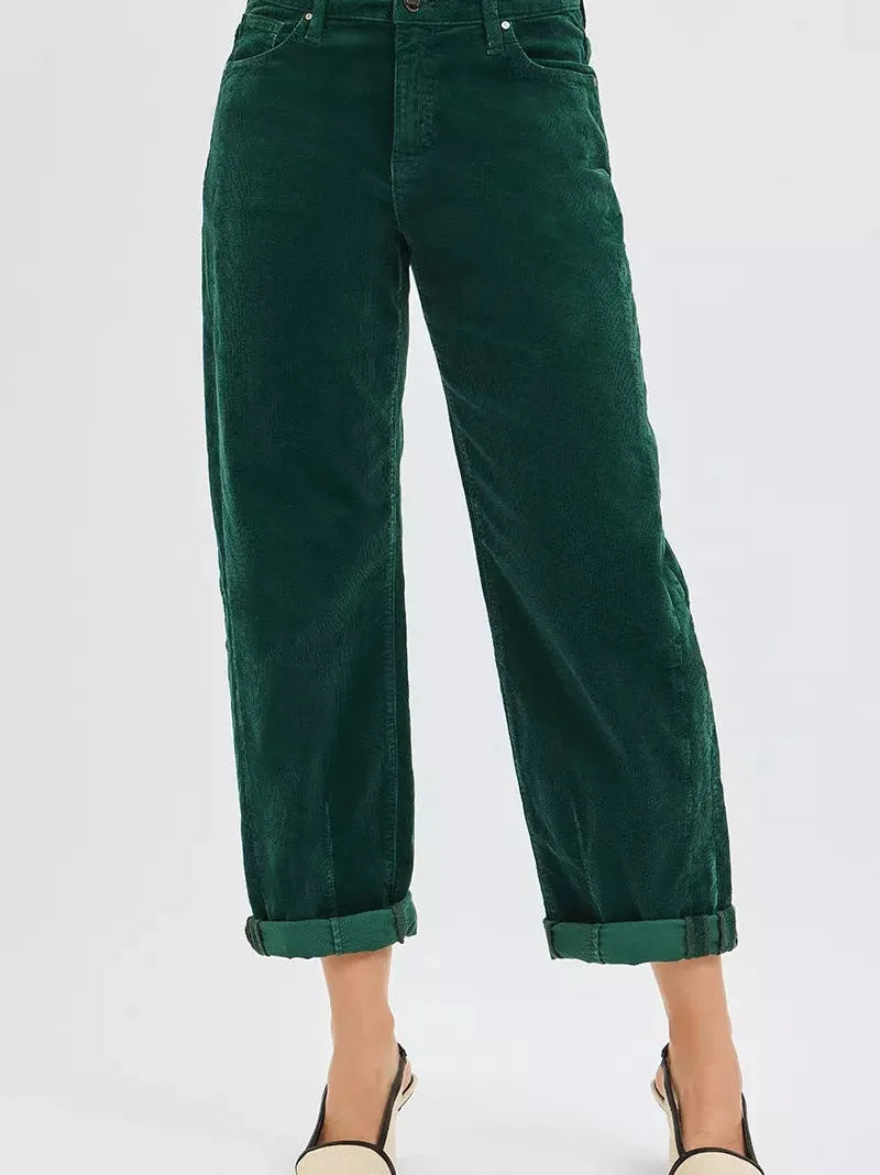 Risen Retro Crush High Rise Crop Barrel Corduroy Pants Green-Women's Jeans-Shop Z & Joxa