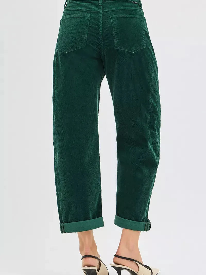 Risen Retro Crush High Rise Crop Barrel Corduroy Pants Green-Women's Jeans-Shop Z & Joxa