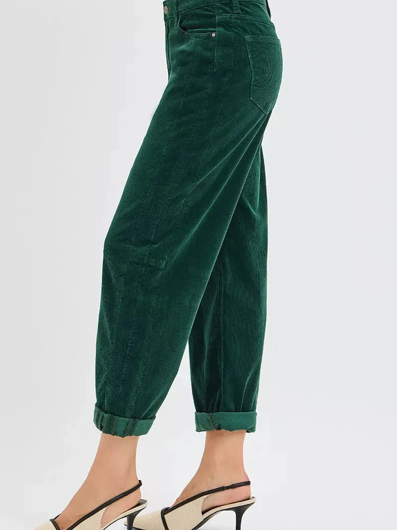 Risen Retro Crush High Rise Crop Barrel Corduroy Pants Green-Women's Pants-Shop Z & Joxa