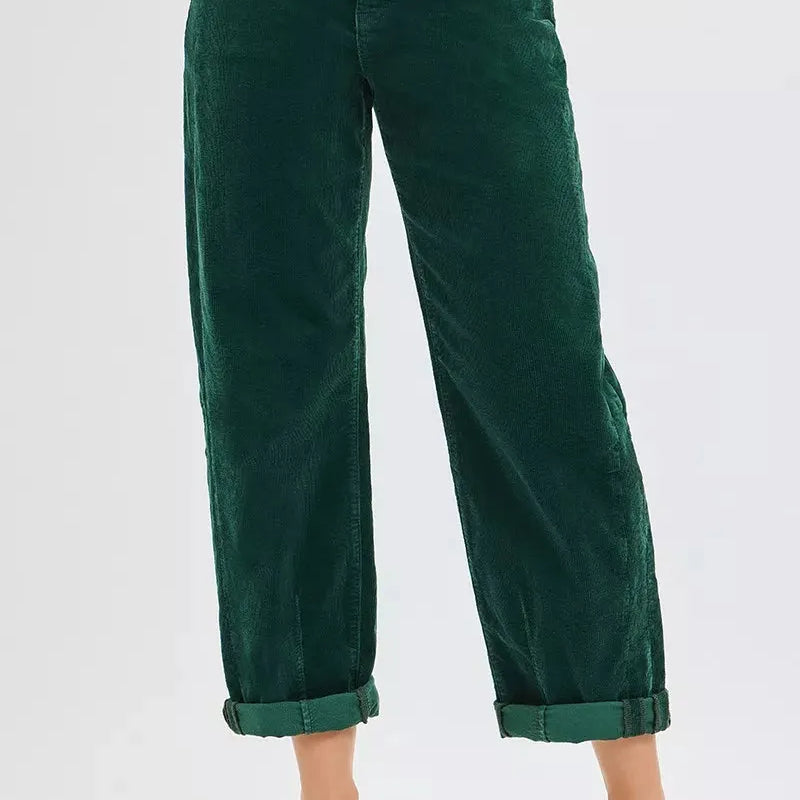 Risen Retro Crush High Rise Crop Barrel Corduroy Pants Green-Women's Pants-Shop Z & Joxa