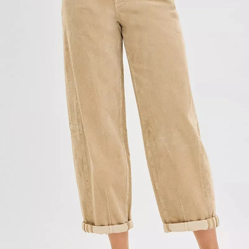 Risen Retro Crush High Rise Crop Barrel Corduroy Pants Sand-Women's Jeans-Shop Z & Joxa