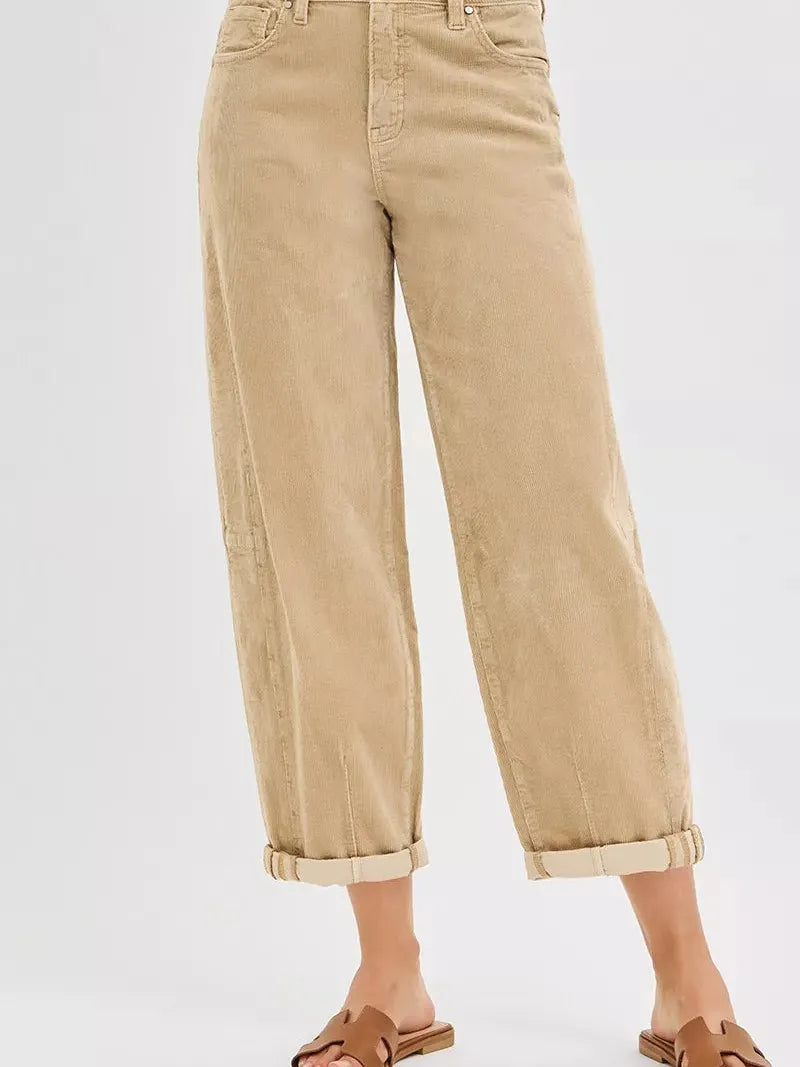 Risen Retro Crush High Rise Crop Barrel Corduroy Pants Sand-Women's Jeans-Shop Z & Joxa