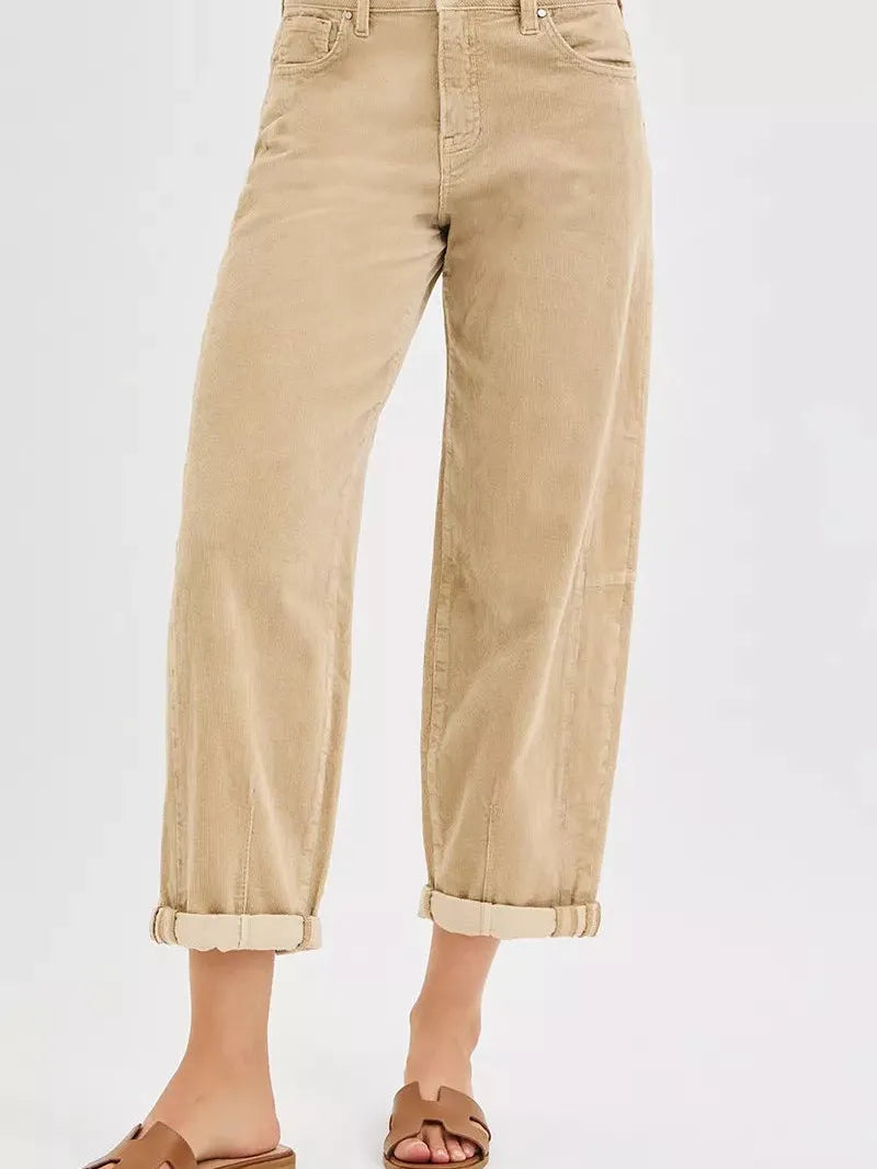 Risen Retro Crush High Rise Crop Barrel Corduroy Pants Sand-Women's Jeans-Shop Z & Joxa