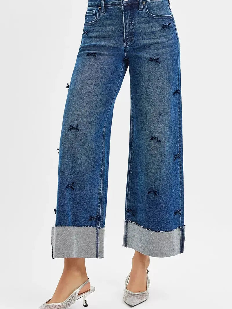 Risen Ribbon Crush High Rise Crop Wide Leg Ribbon Detail Jeans-Women's Jeans-Shop Z & Joxa