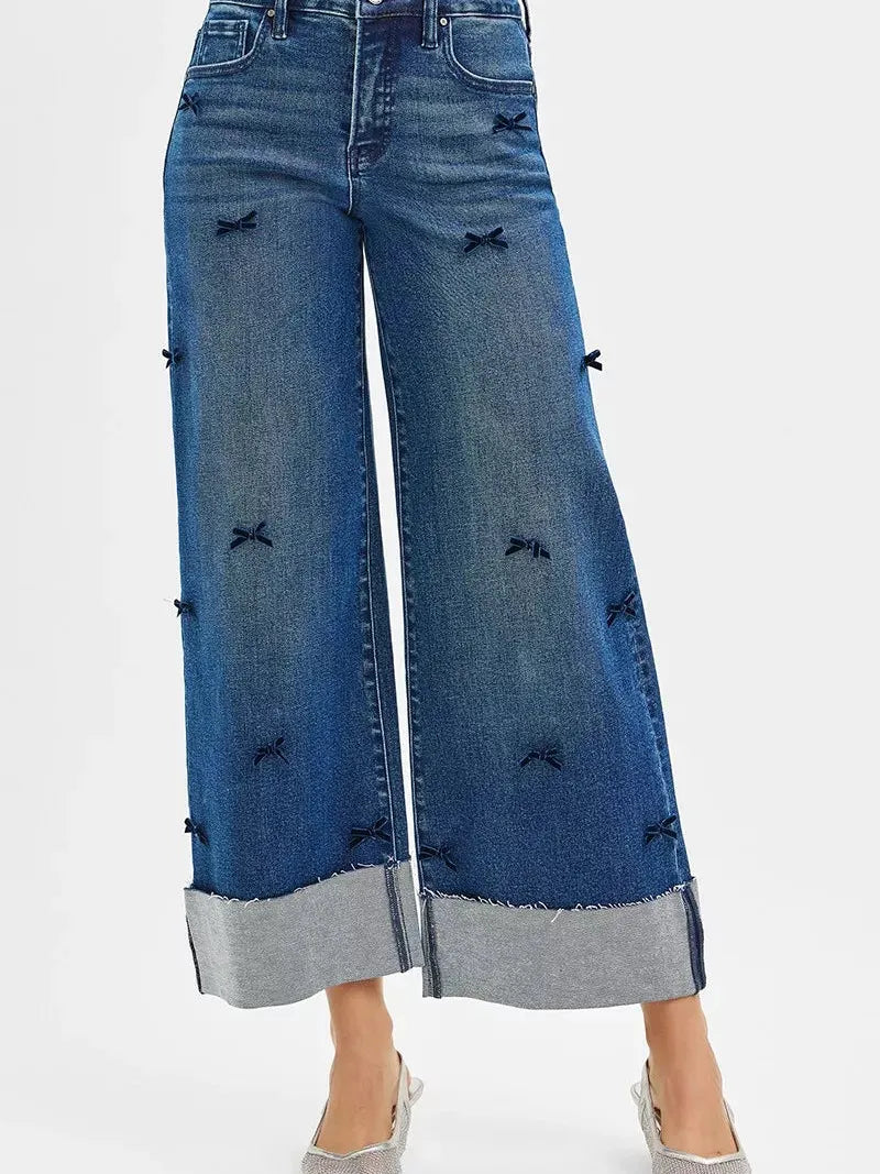 Risen Ribbon Crush High Rise Crop Wide Leg Ribbon Detail Jeans-Women's Jeans-Shop Z & Joxa