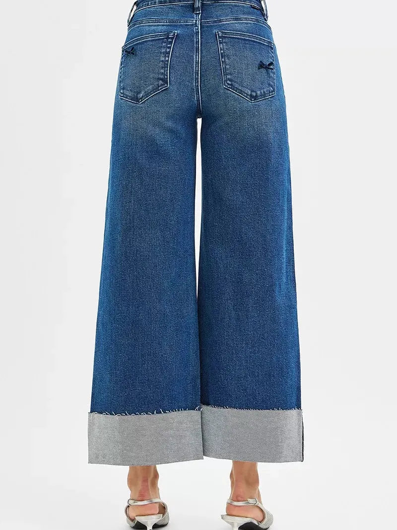 Risen Ribbon Crush High Rise Crop Wide Leg Ribbon Detail Jeans-Women's Jeans-Shop Z & Joxa