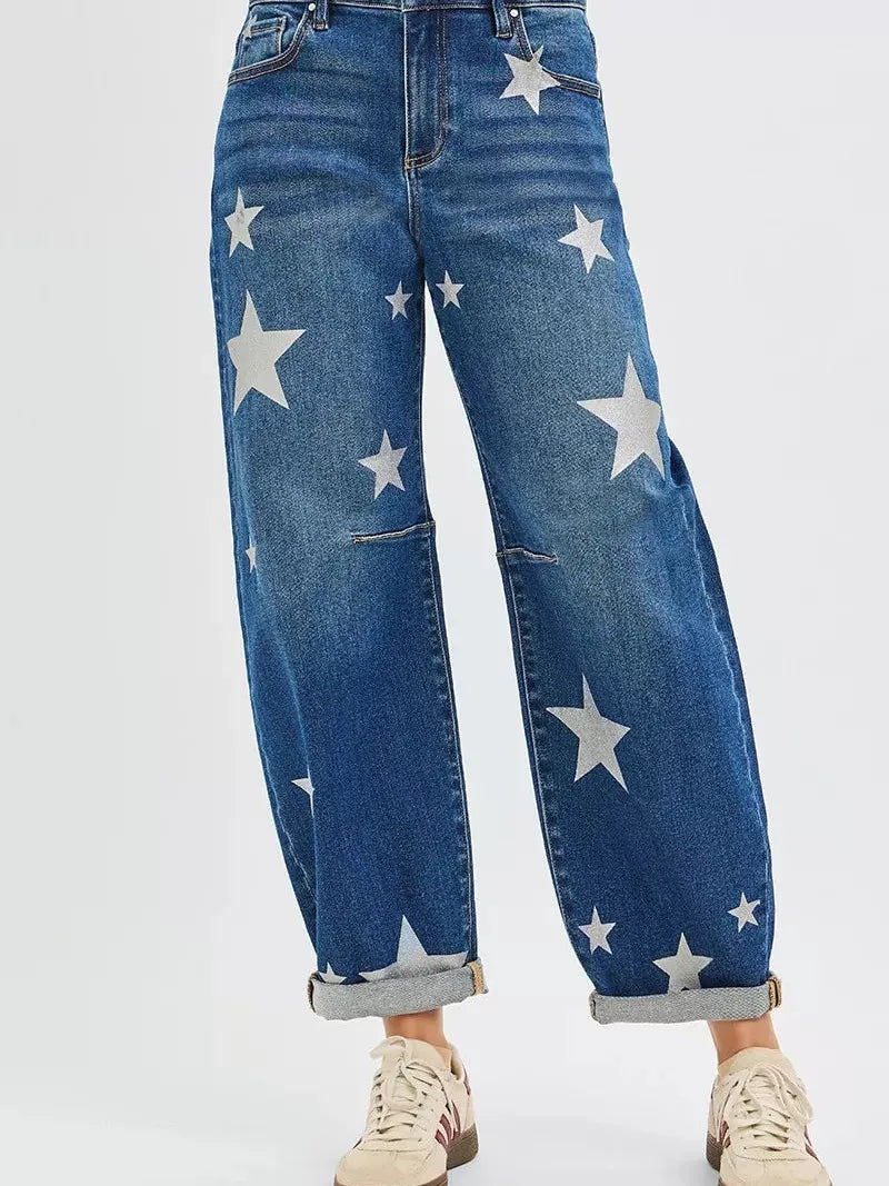 Risen Rising Star Mid Rise Relaxed Ankle Star Print Barrel Jeans-Women's Jeans-Shop Z & Joxa
