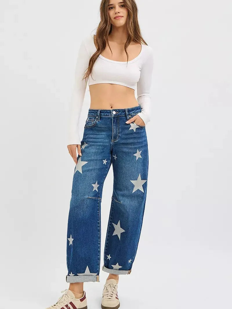 Risen Rising Star Mid Rise Relaxed Ankle Star Print Barrel Jeans-Women's Jeans-Shop Z & Joxa