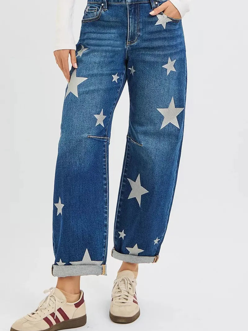 Risen Rising Star Mid Rise Relaxed Ankle Star Print Barrel Jeans-Women's Jeans-Shop Z & Joxa