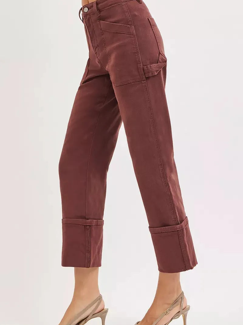 Risen Rustic Charm Rise Wide Straight Cuffed Patch Cargo Jeans-Jeans-Shop Z & Joxa