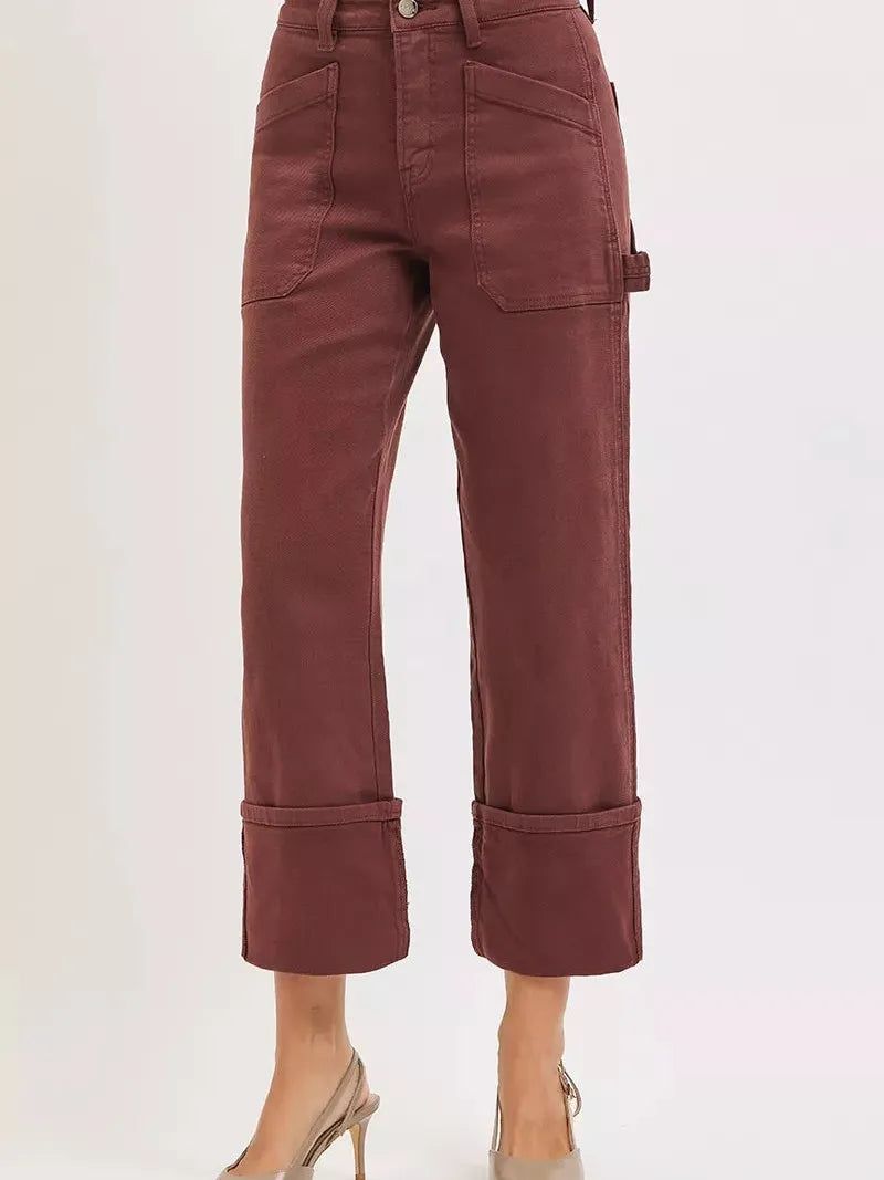 Risen Rustic Charm Rise Wide Straight Cuffed Patch Cargo Jeans-Jeans-Shop Z & Joxa