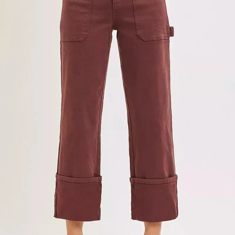 Risen Rustic Charm Rise Wide Straight Cuffed Patch Cargo Jeans-Women's Jeans-Shop Z & Joxa