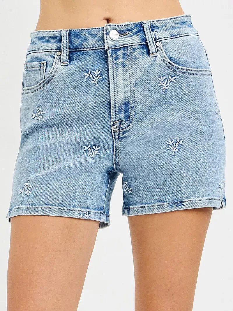 Risen Seaside Stroll High Rise Denim Shorts with Embroidery-Women's Shorts-Shop Z & Joxa
